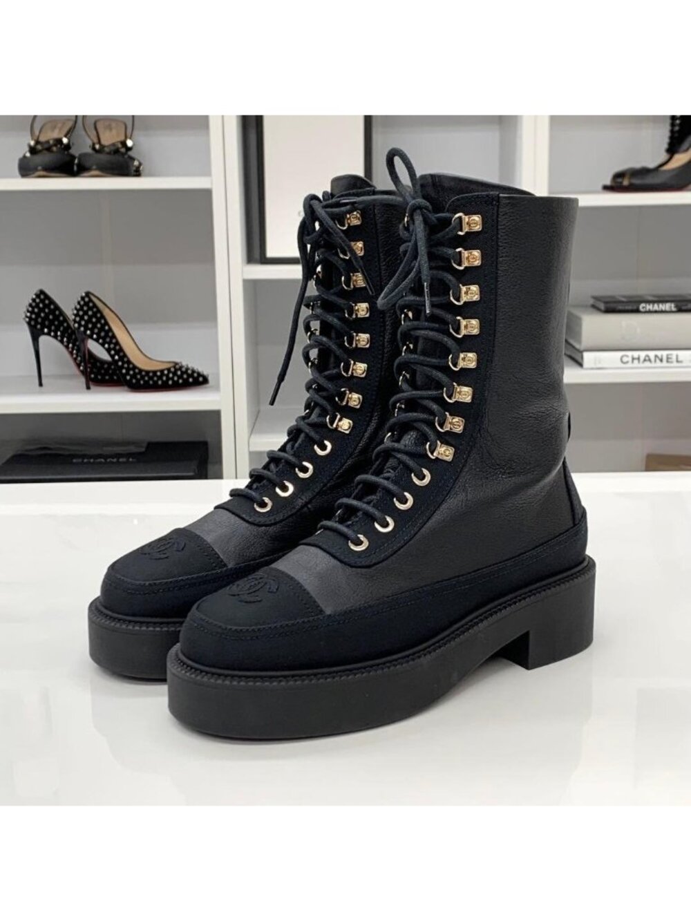 Chanel Calfskin Coco Mark Lace Up Short Boots Black - Picture 4 of 11